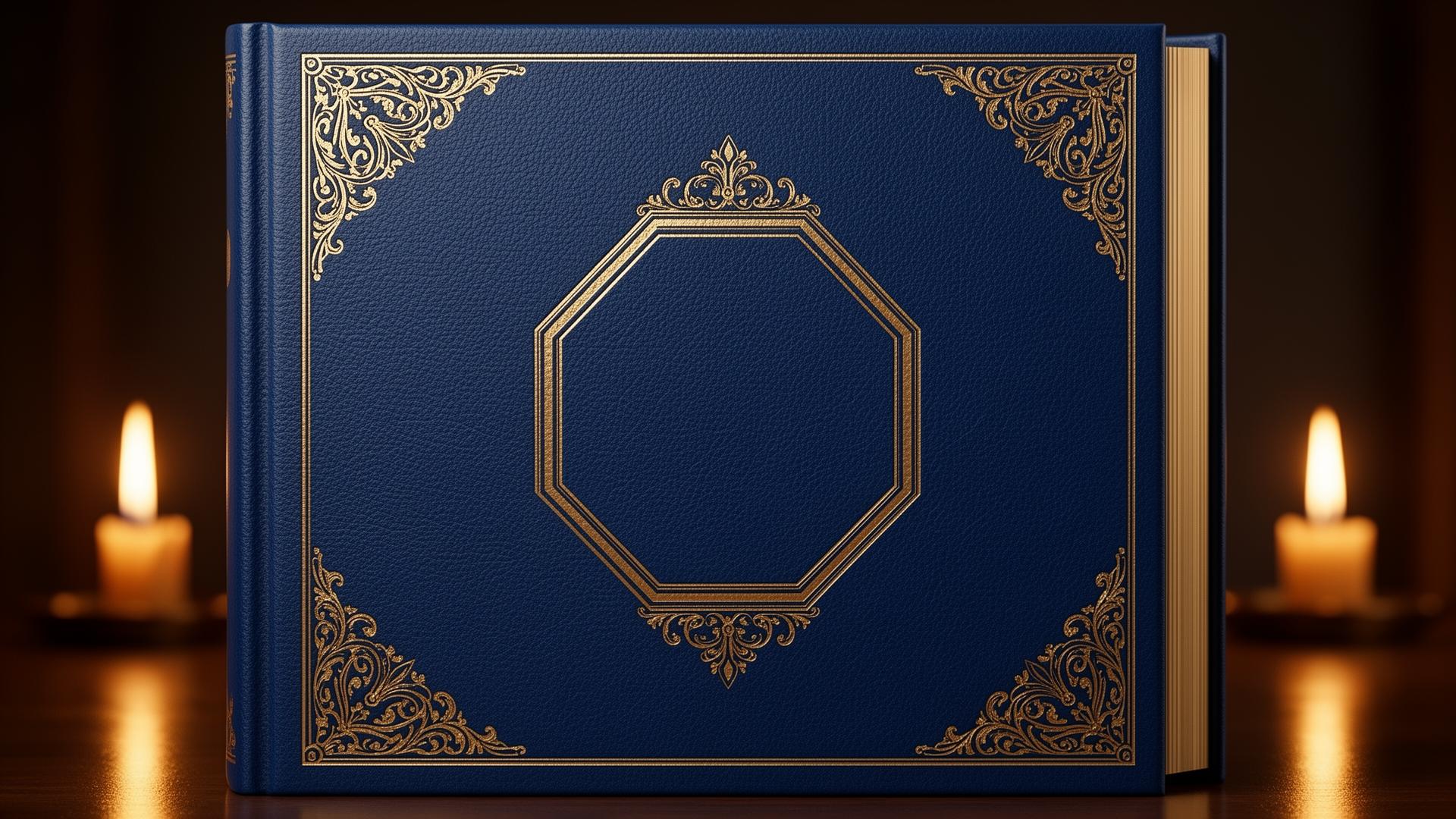 Edler Marineblauer Foliant mit goldenem Oktagon-Rahmen — das Buch des Butlers