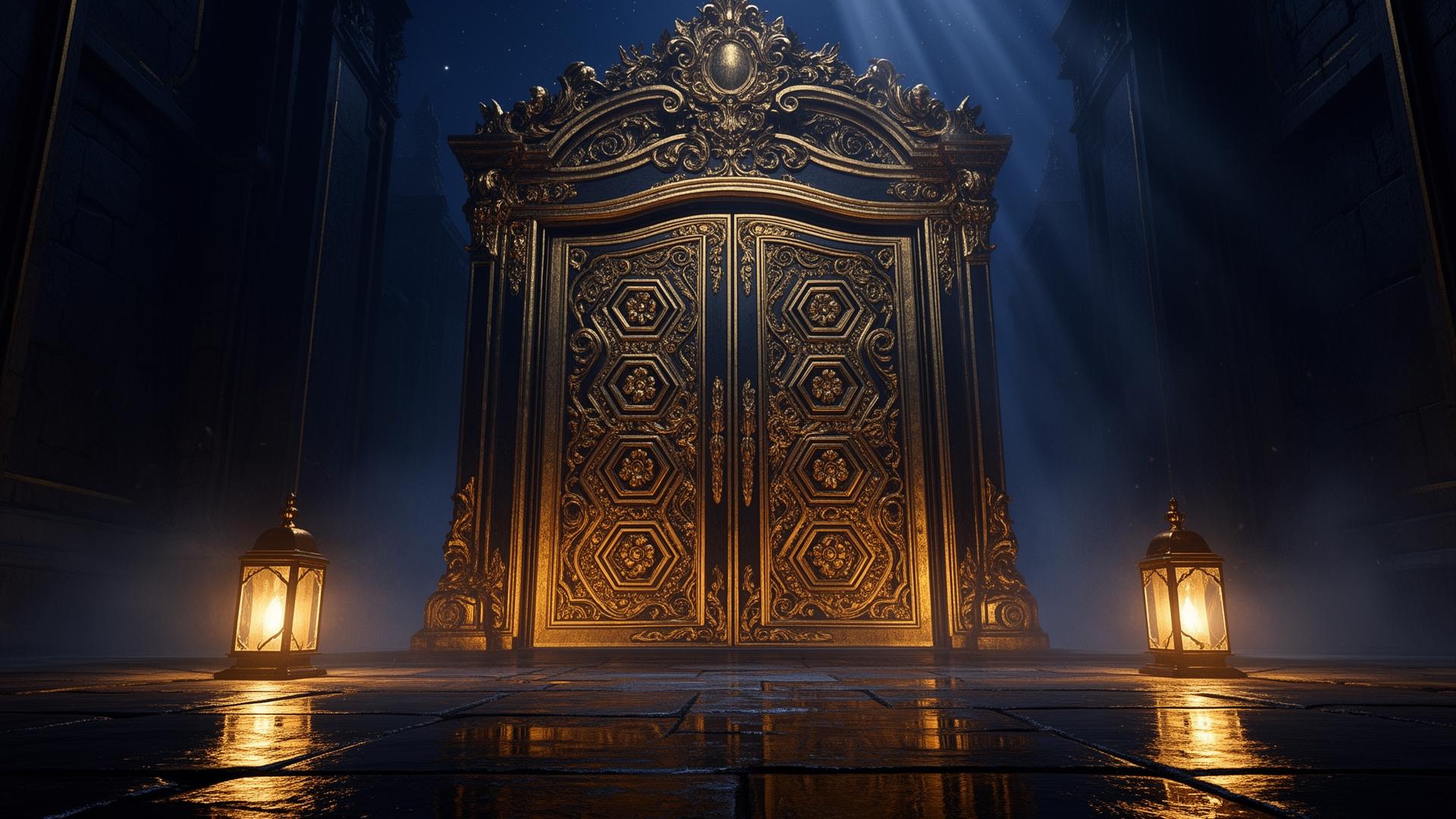 Goldenes Portal bei Nacht — Vorabend Ihres Eintritts ins Haus